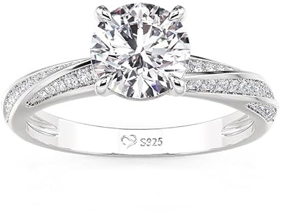 Bague en moissanite pour femme, solitaire en diamant rond, bague de fiançailles classique en argent sterling 925, alliance, bague d'éternité pour promesse de mariage (argent, 66(21))