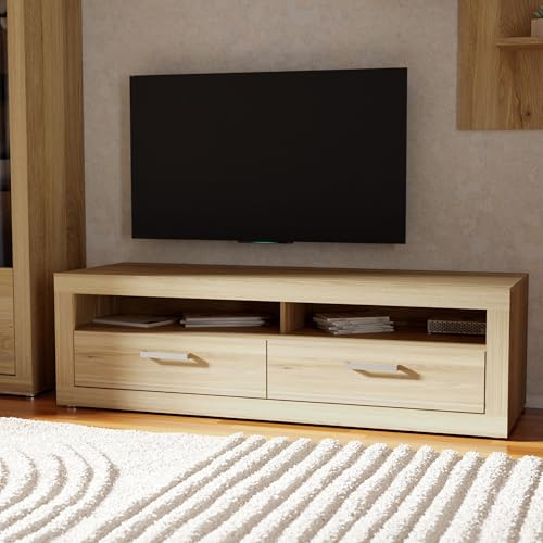 Forte BACCIO TV-Schrank 150, modernes Lowboard, 2 Schubladen, Holzwerkstoff, Mauvella Eiche Holzdekor, 153,1 cm breit x 46,7 cm hoch x 51,7 cm tief