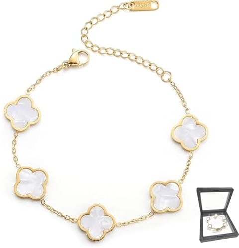 HESUSUSI Bracelet Trefle 4 Feuilles Femme, 18k Plaqué Réglables Bijoux Chanceux, Bracelet Acier inoxydable Élégant pour Fille Cadeau Saint-Valentin Fête des Mères Noël pour Jeune Fille