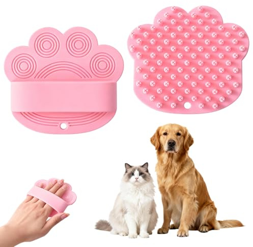 Spazzola da Bagno in Silicone per Cani e Gatti, Spazzola Massaggiante, Brush per Toelettatura Cani per la Pulizia di Peli e Pelliccia con Manico ad Anello per Peli Corti (Pink)