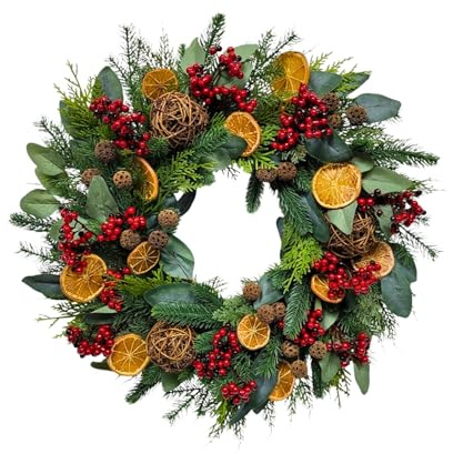 60cm Christmas Wreath for Front Door with Artificial Foliage Orange Slices, Berries, Eucalyptus Rattan Balls Ornaments, Wall Fireplace Indoor Outdoor Xmas Holiday Decorations