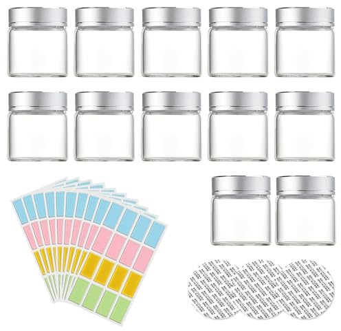 Billowvolve 12 Stück 50ml Einmachgläser mit Schraubdeckel Etiketten, Marmeladengläser Kleine Gläser Behälter Glas Leerdose Döschen Glastiegel Durchsichtige