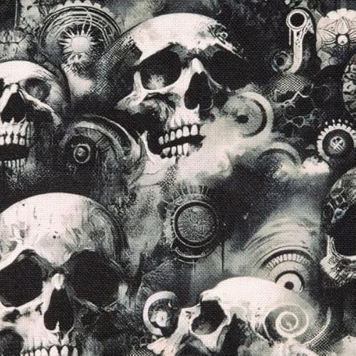 Werthers Stoffe Gothic Skulls Stoff – Totenkopf Stoff mit Schädeln, Steampunk-Look – Dark Art, Horror & Gothic Design für Kleidung, Deko, Patchwork, Taschen & DIY