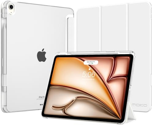 MoKo for iPad Air 13-Inch Case (M4/M3/M2) 2026/2025/2024 with Pencil Holder | Slim Light Trifold Smart Protective Cover with Hard PC Clear Back Shell for iPad Air 13, Auto Wake/Sleep, White