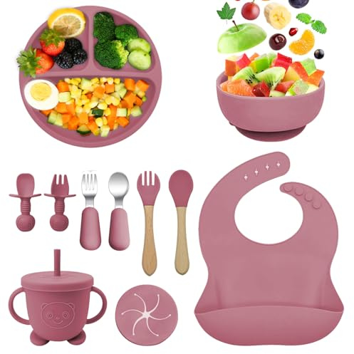 Guyisile 11 Pièces Coffret Repas Bebe Silicone,Bébé Couverts,Sans BPA | Vaisselle Assiette Ventouse pour Bébé,Bavoir Silicone Bebe,Fourchettes,Enfant Set Couverts Vaisselle Pour Sevrage Manger
