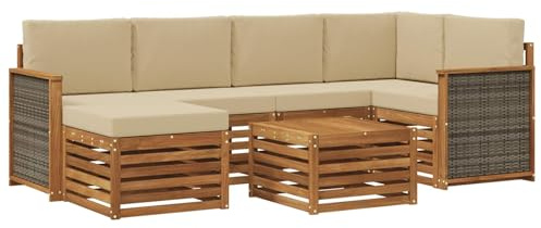 vidaXL Ecksofa Set 6 pcs Natur Massives Akazienholz und Polyester, Outdoorsofa, modernes Ecksofa-Set, Bequeme Gartenlounge, Terrassenplatz zum Entspannen