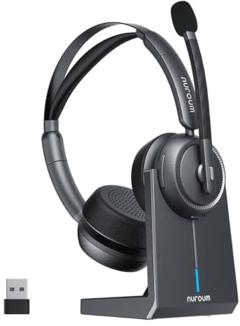 Nuroum HP31D 2026 Bluetooth Headset mit Mikrofon Wireless, KI Rauschunterdrückung für Anrufe,45 Std. Akku, Kabelloses Headset mit Ladestation&USB Dongle&Mute,Bluetooth Headset für PC/Laptop/Büro/Teams