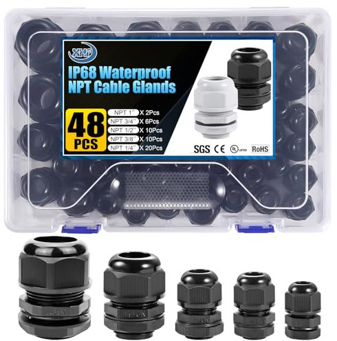 XHF2018 Cable Glands Nylon Waterproof 5-25mm Cable Glands Joints Wire Protectors, NPT3/8'',NPT1/2'',NPT3/4'',NPT1'' 16PCS, Black(RAL9005)
