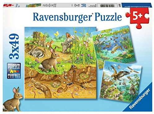 Ravensburger Kinderpuzzle - 08050 Tiere in ihren Lebensräumen - Puzzle für Kinder ab 5 Jahren, mit 3x49 Teilen