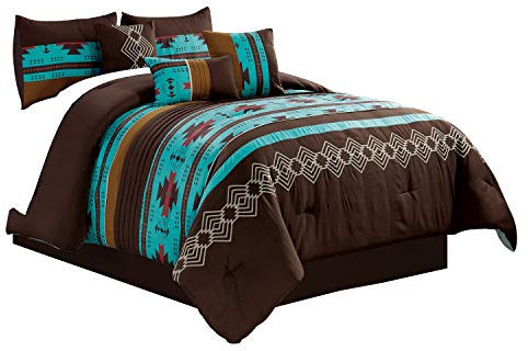 WPM WORLD PRODUCTS MART Navajo-Bettwäsche-Set, 7-teilig, Motiv: Western Southwestern Indianer, mehrfarbig, kaffeebraun bestickt, Kingsize-Bett, in einer Tasche, Makala (Blaugrün, King-Size)
