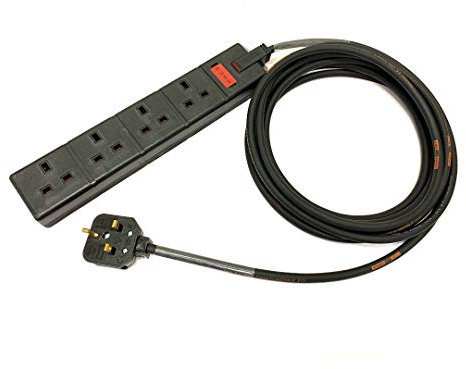 13 Amp 4-Gang Extension Lead - Masterplug/Permaplug Black - 1.5mm² Heavy Duty H07RN-F Rubber Cable - 13A HO7 (10 Metre)