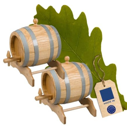 2X HOFMEISTER® Holzfass 1 Liter aus Eiche – Eichenfass für Wein, Whisky und Schnaps, inklusive Holzhahn, Stopfen, Lagerbock und Anleitung – Handarbeit