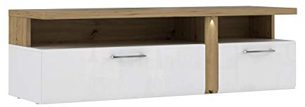 FORTE Tuluza TV-Unterschrank mit 2 Schubladen, Holzwerkstoff, Weiß mit Artisan Eiche, 50,7 x 163,2 x 53,9 cm