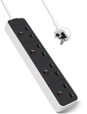 EXTRASTAR 4 Way Extension Lead in Black and White, 3M Extension Cord 13A UK Plug Max 3120W, Socket Extension Power Strip for Home Office School