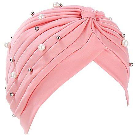 Fxhixiy Turban-Hüte für Damen, mit Perlen, vorgebundener Knoten, Chemo-Mützen, Kopfbedeckung, Kopfbedeckung für Krebs, Rosa - Shell Pink, Einheitsgröße