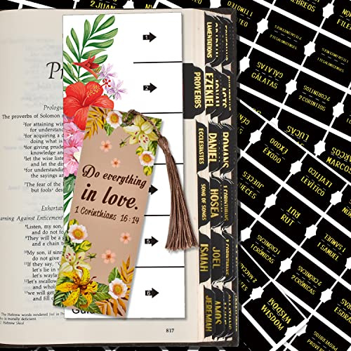Bible Index Tabs New & Old Testament Tabs Matte Laminated Floral Design - 122 Pcs (Black- Gold Foil)