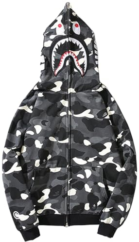 PADOLA Jungen Kapuzenpullover Shark Hoodie mit Fleece 3D Camouflage Druck Jacke Zip Up Haikopf Hoodie Shark Jacke mit Kapuze Causal Straßenmode Hai Pullover Winter Warm (Black White, M)
