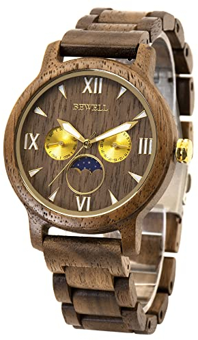 BEWELL Holzuhr Herren Chronograph Quarzwerk Holz Handgefertigte Datumsanzeige Stilvolle Armbanduhr Holzuhren