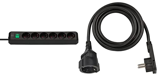 Brennenstuhl Eco-Line, Steckdosenleiste 6-Fach (Schalter und 3m Kabel) schwarz & Qualitäts-Kunststoff-Verlängerungskabel mit Flachstecker (Verlängerungskabel flach für innen mit 3m Kabel) schwarz