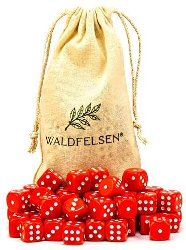Waldfelsen 6, 12, 20, 30 oder 50 hochqualitative Würfel Standardgröße 16 mm Acrylwürfel Knobel Spielwürfel Dice 6-seitig sechsseitig Spielzubehör Set mit Stoffbeutel (Rot, 50 Stück)
