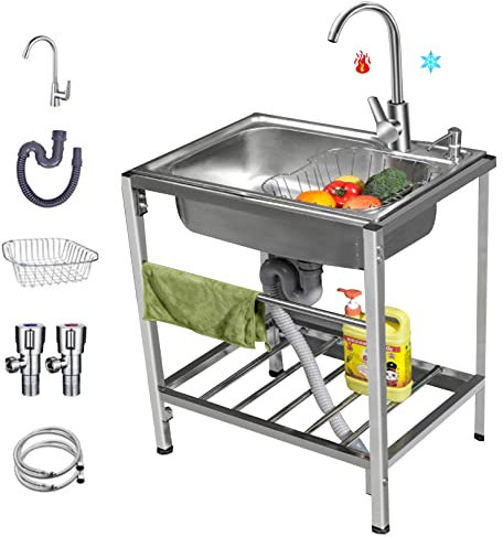 Fregadero de cocina comercial de acero inoxidable de una cubeta con 360 ° giratorio grifo caliente y frío, fregadero de cocina lavadero hecho a mano con estante de almacenamiento y drenaje