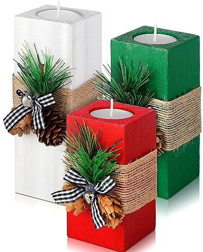 Sliner 3 Stück Weihnachtskerzenhalter mit Kerzen aus Holz Xmas Teelichthalter Dekorationen Rot Weiß Grün Votivholz Kerzenhalter für Weihnachten Tisch Mittelstück Dekor Weihnachtsgeschenke