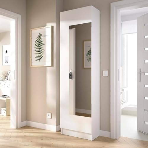 DMORA Zevola Zapatero, Zapatero de Entrada Que Ahorra Espacio, Zapatero con 1 Puerta con Espejo, 50x27h186 cm, Blanco