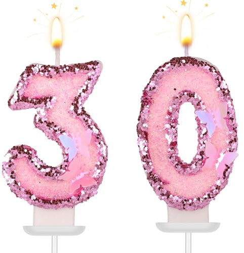 Girl Birthday Number 30 Candle, 2.95in Glitter Butterfly Pink Sequin Candle | Happy Birthday Numeral Cake Toppers Wedding Cupcake Decorations for Anniversary Celebration Party Supplies (30th)