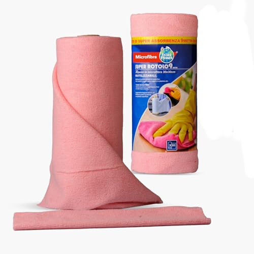 DETERMONDO Panni Microfribra 30 Pezzi per Rotolo Panni Microfibra Strappabile Riutilizzabile Senza Pelucchi 30x30 cm Per Auto,Casa e Cucina (Rosa)