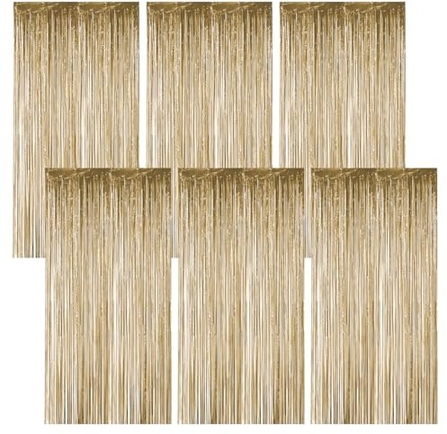 Jinsion 6 Pièces Rideau Métallique De Frange Brillant, 1M X 2M Rideau Brillant Métallique, Rideau Frange Anniversaire, Rideau Frange Doré pour La Décoration D'Arrière-Plan