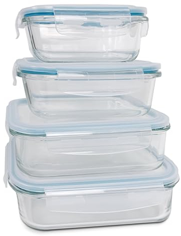 TIENDA EURASIA – Set 4 Tupper Cristal | Tapa con Cierre de Silicona | Herméticos | Apto para Microondas y Lavavajillas | Capacidad 370 ml+640 ml+1L+1,5L Medidas 19x7 17x6 14x5 y 12x4 cm
