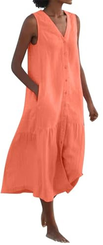 Vestito in Lino Donna Elegante Curvy Abiti Estivi Taglie Forti Scollo a V Senza Manica Vestiti Casual Abito in Lino Eleganti Tinta Unita Vestito Boho Women's Dress Abito da Spiaggia Vestiti Primavera