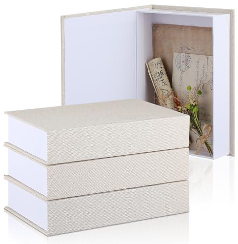 Tioncy 3 Pcs Decorative Storage Boxes - Modern Fake Books, Linen Faux Books for Bookshelf & Coffee Table Decoration, DIY Crafts (Creamy White, 8.6 x 6.1 x 1.8 Inch)