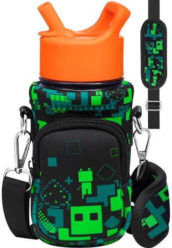 Miss Adola Water Bottle Carrier - with Strap Cartoon Water Bottle Bags Holder for Kids Boys Girls Cute Neoprene Insulated Bottle Bag for 10/12/14/16/18Oz Stainless Steel Glass Bottles Sleeve, Green
