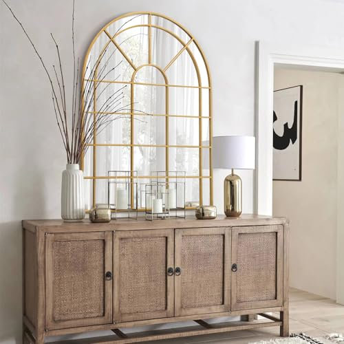 Besdomus Grande finestra ad arco nero oro, 76,2 x 106,7 cm oro alto arco fattoria specchio da parete ad arco, griglia decorativa per camino, ingresso, corridoio, soggiorno