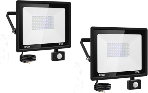Viugreum 2 Pièce 100W Projecteur Led Détecteur de Mouvement avec Télécommande, Lumières de sécurité Extérieur 10000 LM Blanc froid 6500K IP66 étanche Eclairage Exterieur Led Garage Pour Patio, Jardin