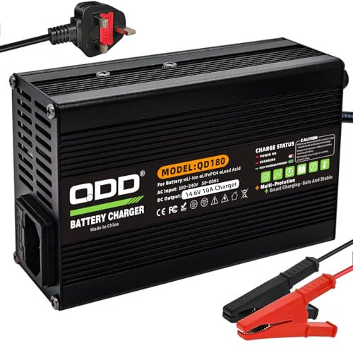 QDD 14.6V 10A LiFePO4 Battery Charger, 12V LiFePO4 Lithium Iron Battery Maintenance Smart Charger with Alligator Clips Connetor