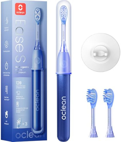 Oclean Ease elektrische Zahnbürste Blau, Tragbare Schallzahnbürste geeignet für Reisen, USB-Ladung Zahnbürste mit 3 Bürstenköpfen, Sonic Electric Toothbrush mit Timer, 2 Putzmodi mit Wandhalterung