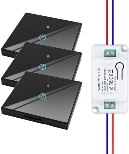 HYHIOTS Funkschalter Set, RF433 Lichtschalter Funk, 230V Funk-Sender-Sicherheitsschalter und Empfänger-Controller 10A, Funk Schalter, Wandlichtsschalter, Touch Lichtschalter Licht (Black 3V1H)