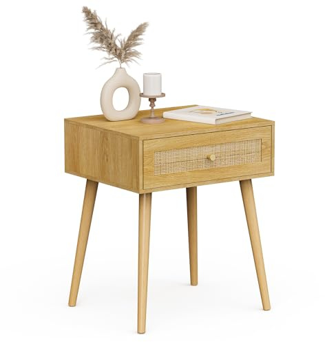 VonHaus Bedside Table for Bedroom - Scandi Style 1 Drawer Natural Rattan | Nightstand with Metal Handle & Tapered Legs - Boho Look Living Room Side Table, Cane Bedside Cabinet for Bedroom Storage