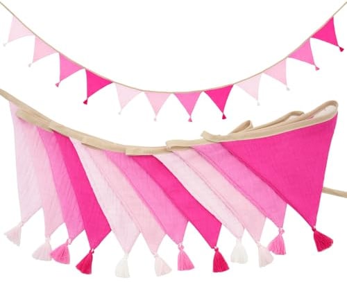 G2PLUS Musselin Wimpelkette Kinderzimmer mit Quasten, Rosa Musselinstoff Girlande Beidseitig, 2.8m Stoffgirlande für Kinderbettchen, Kinderzimmer-Wandschmuck, Geburtstagsdekoration
