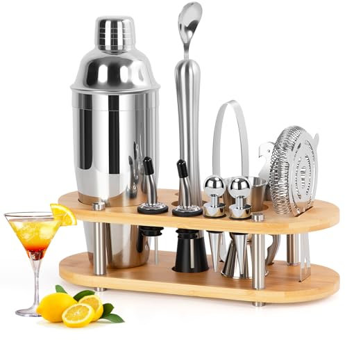 FoiiLiio 12 Piezas Juego de Coctelera, 750 ml, Coctelera Profesional para Cócteles, Coctelera Kit de Cócteles Edelstahl con Soporte de Bambú para Bar, Casa, Elección, Set Coctelería