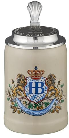 Hofbräuhaus München Stein Bierkrug Löwendekor mit Zinndeckel 0,25 L | Original Maßkrug | Bierglas mit HB Logo, Geschenkidee für Herren und Damen (mit Zinndeckel, 0,25 Liter (1 Stück))