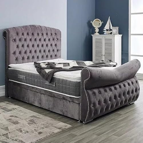 5FT King Ottoman Storage Chesterfield Luxury Sleigh Bed Frame With Mattress And Headboard Upholstered In Plush Velvet Steel Bed End Lift (Steel, 5FT King Storage With Mattress)
