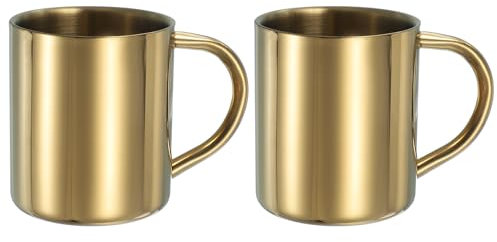 sourcing map 2Pcs Stainless Steel Coffee Mugs, 6.8 Ounces Metal Double Walled Travel Camping Tea Coffee Mugs with Handles for Coffee, Milk, Juice, Tea, and Cold or Hot Drinks (Gold)