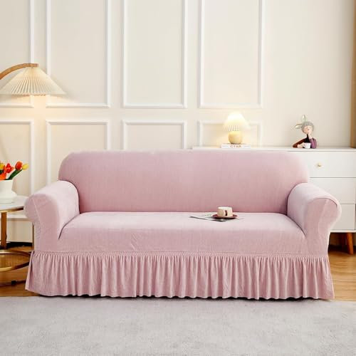 Stretch-Sofabezug mit Rüschen, universelle Chenille Sofahusse, waschbarer Möbelschutz, Sofabezug für Schlafsofa, 1 Stück für 3- oder 4-Sitzer-SofaPink,3 Seater