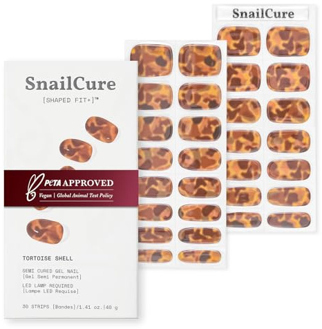 SnailCure Semi Cured Gel Nail Strips, Real Gel Polish Wraps, Long-Lasting Shine, Stick On Nails Kit, Vegan, PETA-Approved, Chip-Resistant, UV/LED Lamp Needed, 30 Pcs, 14+ Days Wear, Tortoise Shell