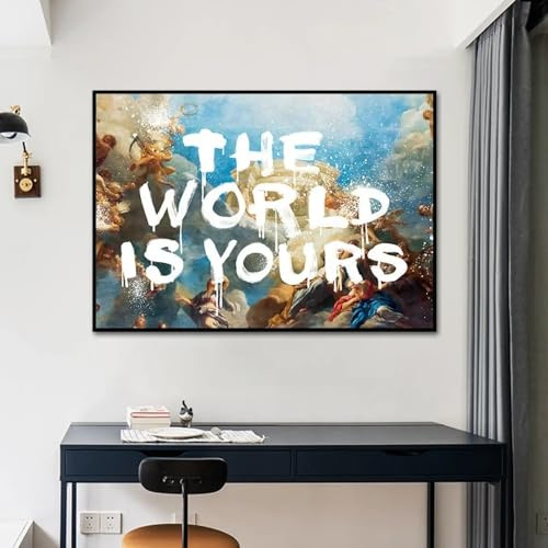 LMYCHENG Retro-Ölgemälde „The World Is Yours“, trippige Poster und Drucke auf Leinwand, Wandkunstbild für Wohnzimmer, Heimwanddekoration, 50 x 70 cm, Rahmen
