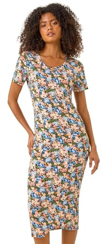 Dusk Fashion Leaf Print Midi Stretch Dress for Women UK - Ladies Everyday Holiday Spring Summer Round Neckline Comfy Soft Evening Vacation Work Party - Blue - Size 8