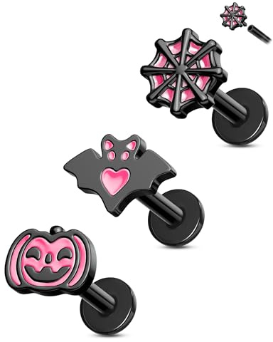 CM Crareesi Mania 3 Stück Halloween Helix Piercings Schwarz 16G Knorpel Ohrringe Ohrstecker Conch Piercing 8mm Edelstahl Tragus Vorwärts Helix Labret Lippen Piercing Schmuck für Frauen Männer